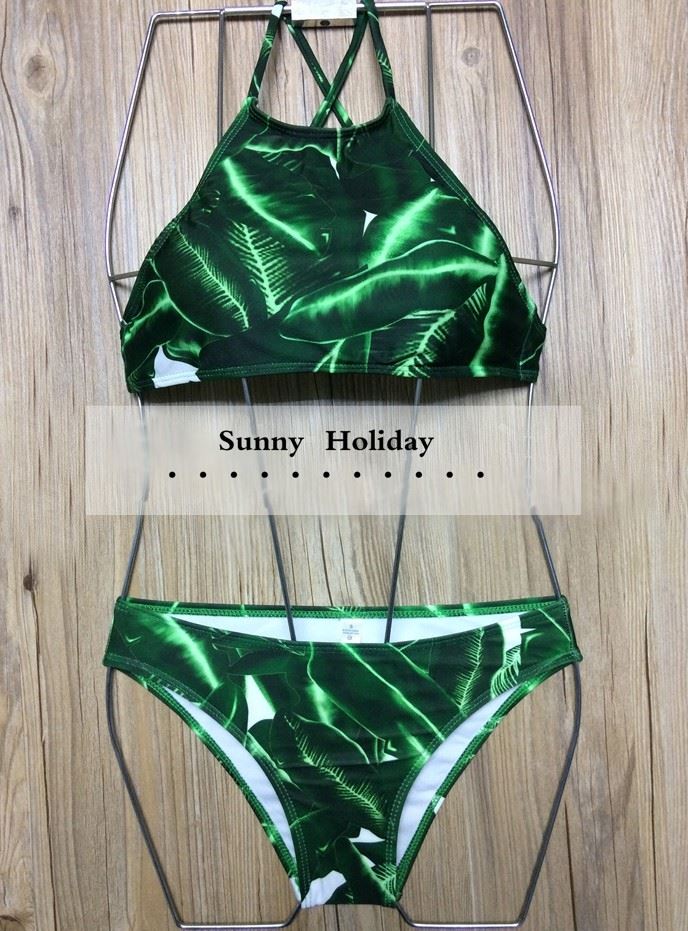 Tropical Banana Leaf Print Halter Bikini Set Crisscross Back High Neck Two-Piece Swimwear Stretch Quick-Dry Breathable Fabric best