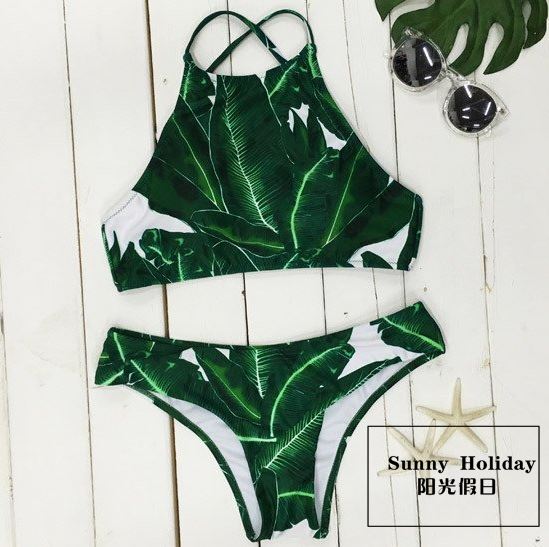 Tropical Banana Leaf Print Halter Bikini Teeb Crisscross Back High Caj Dab Ob -Daim Swimwear Stretch Quick-Nyob Breathable Fabric